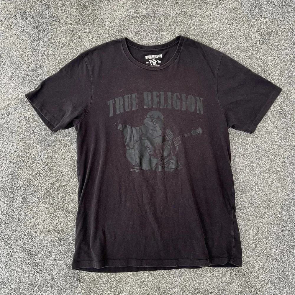True Religion Buddha Graphic T Shirt Black Tonal Logo Short Sleeve Men's XL